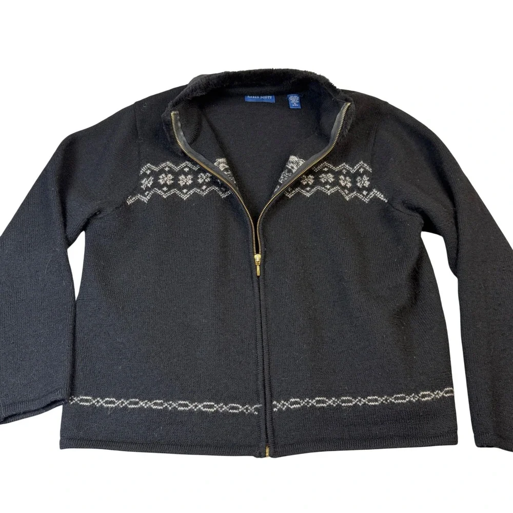 VTG‎ Karen Scott Wool Zip Sweater Jacket Faux Fur Collar Fair Isle Nordic XL